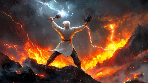 Figure Amidst Fiery Storm and Lightning