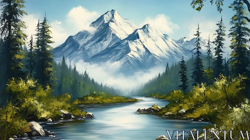 Peaceful Mountain River Scene Painting AI Image