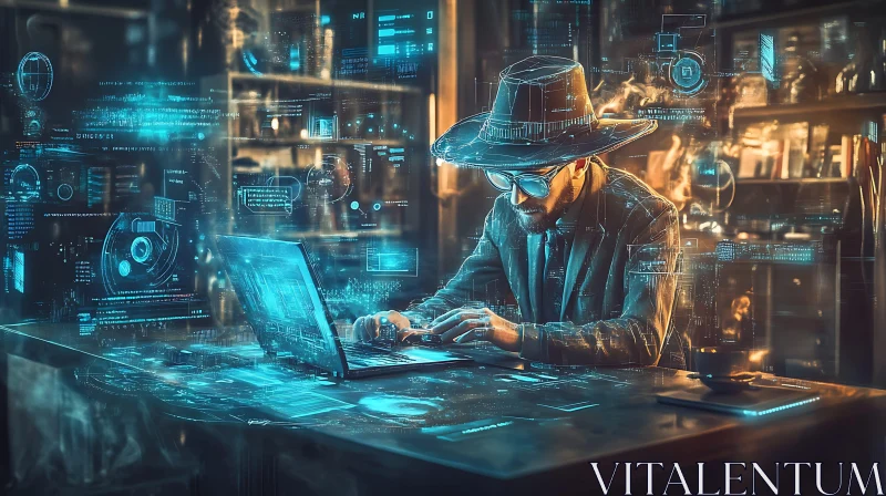 Man in Hat Working on Laptop with Data Overlay AI Image