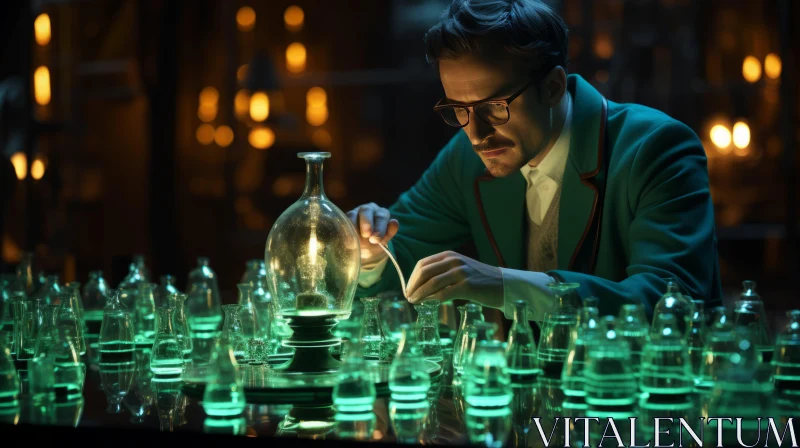 Man in green exploring green glass bottles - A Cinematic and Academic Study AI Image