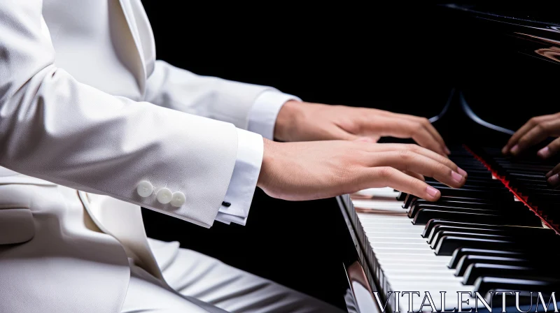 AI ART Monochromatic Elegance: Man in White Suit Playing Piano