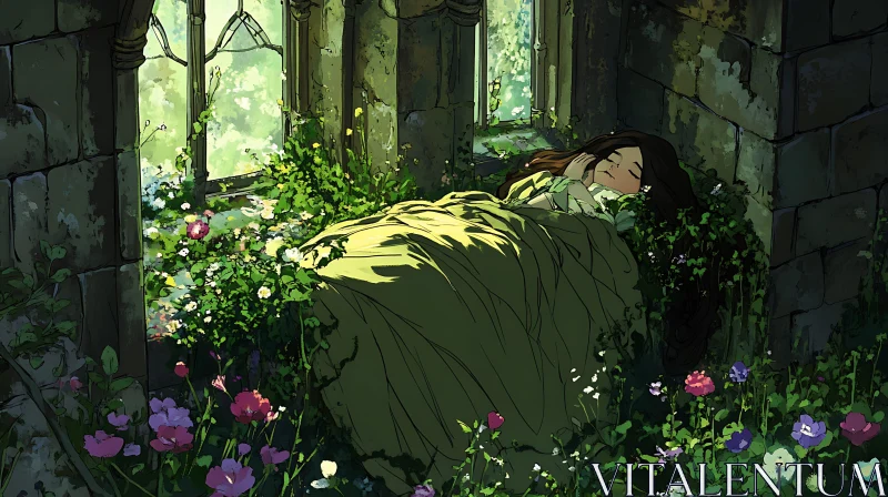 Sleeping Beauty Among Ancient Ruins AI Image