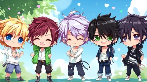 Joyful Chibi Friends in Nature Setting