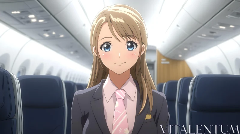 Cheerful Anime Stewardess in Airplane Interior AI Image