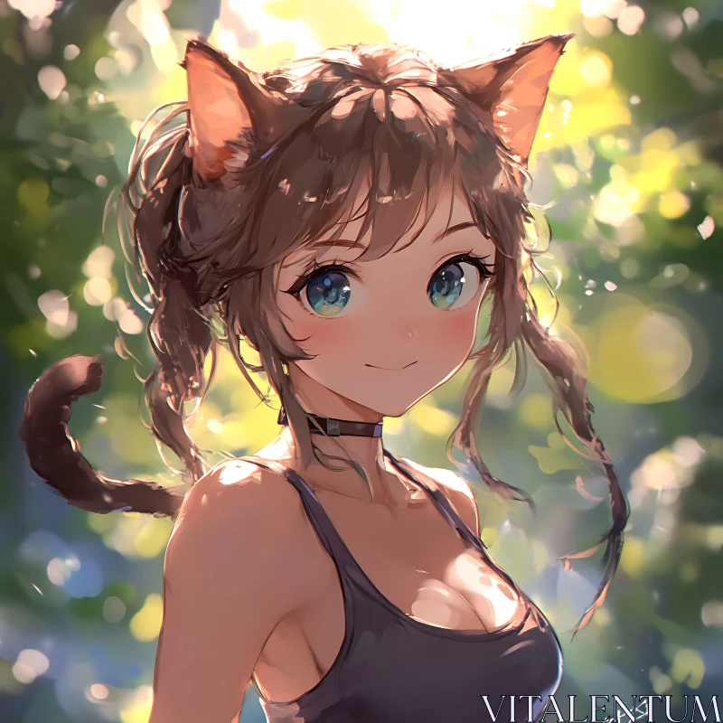 Charming Anime Catgirl in Fantasy Forest AI Image