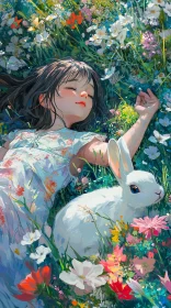 Serene Girl with Rabbit among Flowers