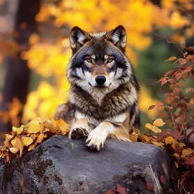 Autumn Wolf Portrait on Rocky Outcrop