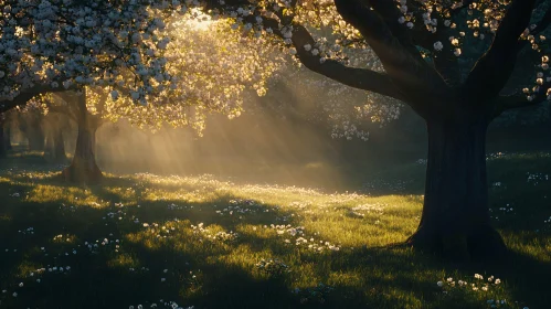 Sunlit Blossoming Meadow in Early Morning