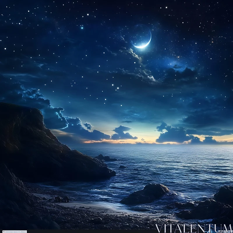 Tranquil Ocean View Under Crescent Moon AI Image