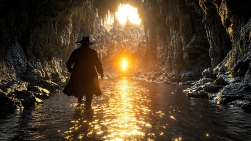 Silhouette in Illuminated Cave Passage