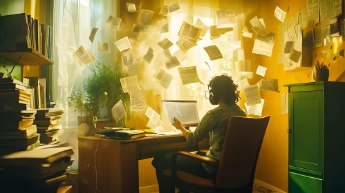 Person Studying in a Book-Filled Room