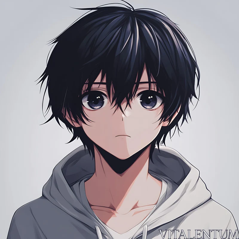 Expressive Anime Boy with Black Hair in Hoodie AI Image