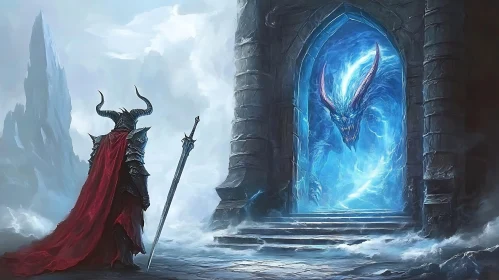 Epic Fantasy Warrior Confronts Dragon