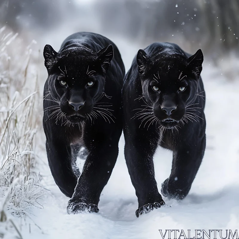 Two Black Panthers Walking in Snow AI Image