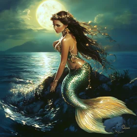 Mystical Mermaid at Night by the Sea