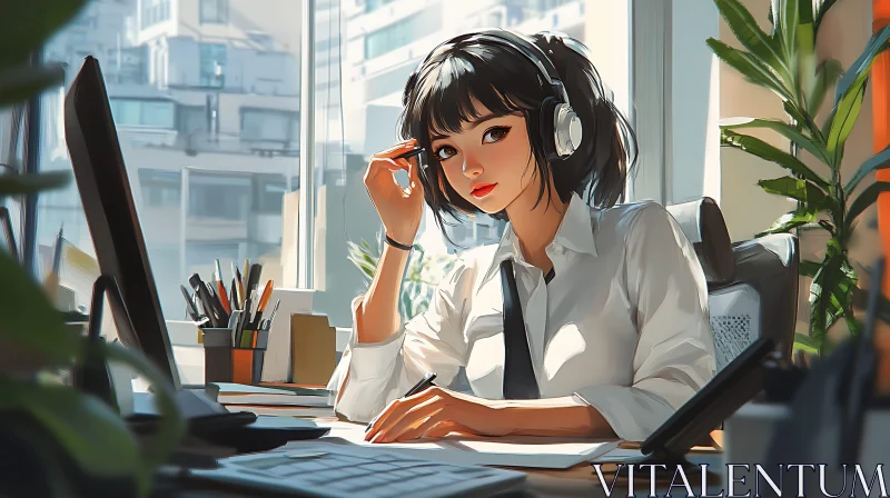 Office Scene with Focused Woman in Headphones AI Image