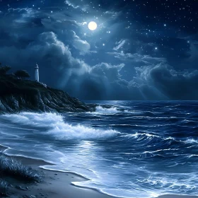 Night Seascape with Lighthouse and Moonlight