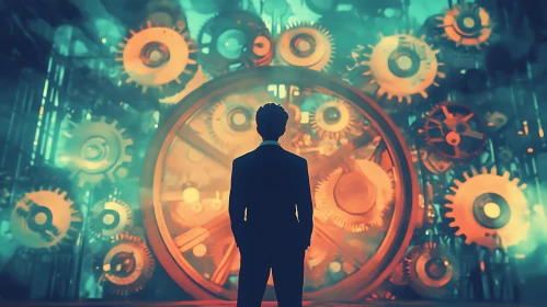 Silhouette of Man Before Gears