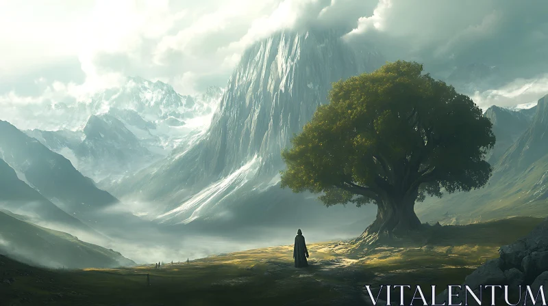 Mountain Vista with Lone Figure and Tree AI Image