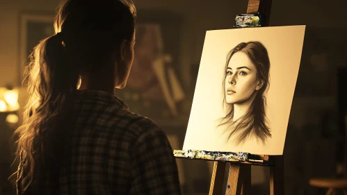 Studio Scene with Artist and Pencil Portrait