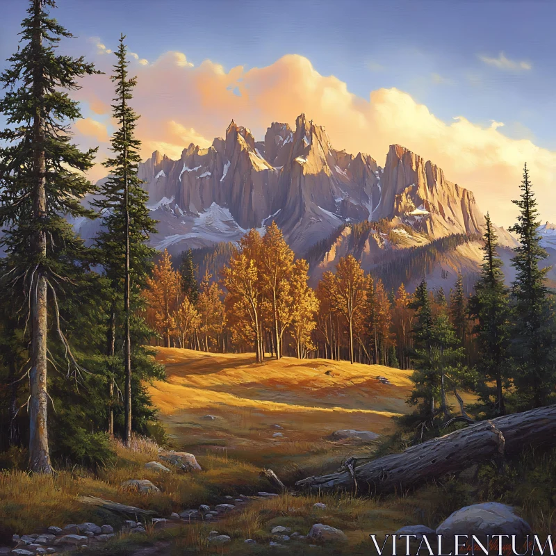 AI ART Scenic Mountain View with Golden Field