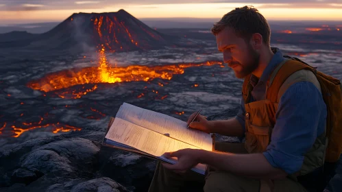 Man Writing Near Erupting Volcano