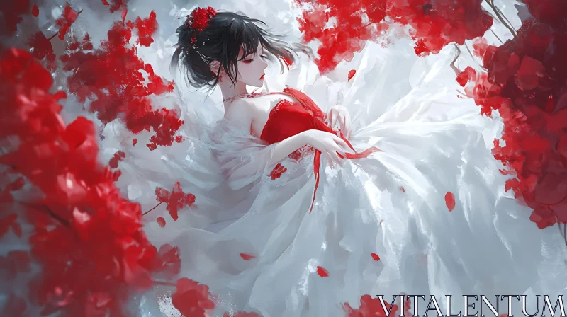 Serene Anime Girl in White Dress with Red Flowers AI Image