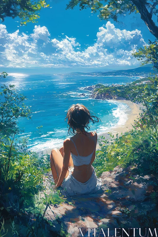 AI ART Peaceful Woman on Clifftop Overlooking Ocean