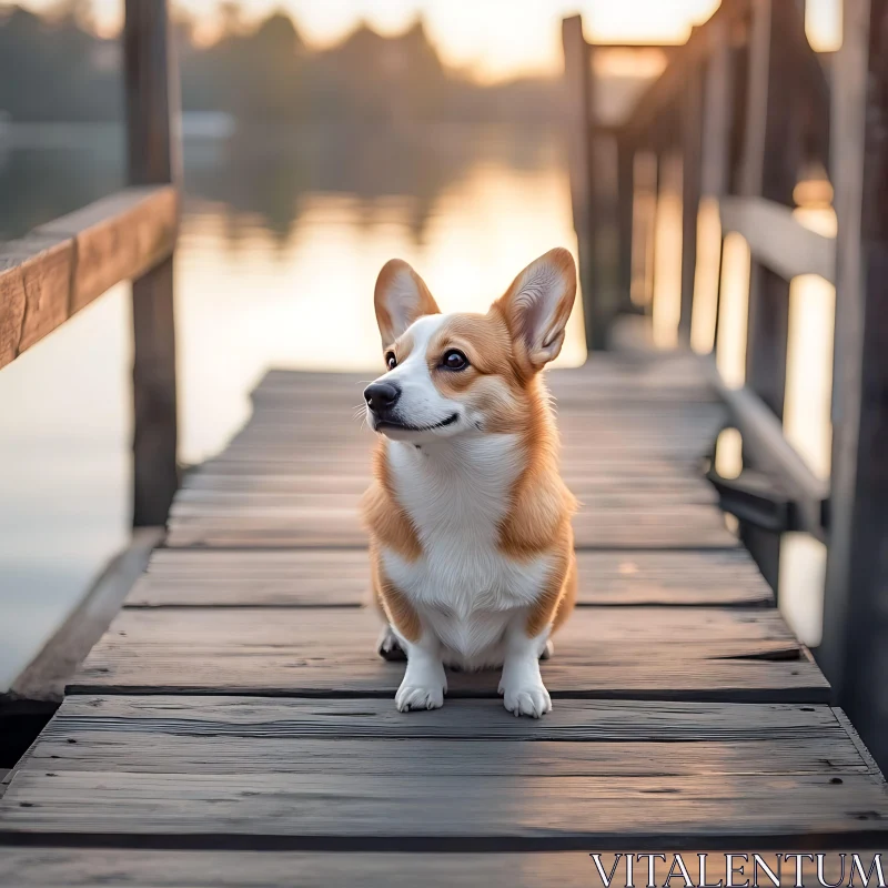 Corgi at Sunset Lakeside Pier AI Image