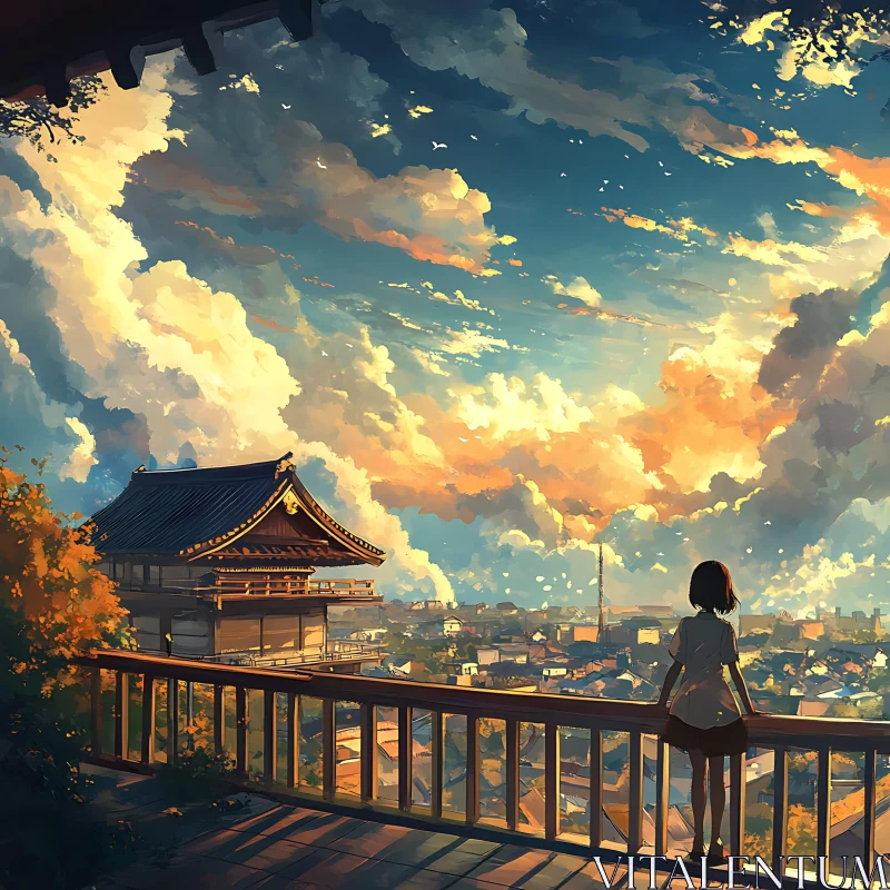 Cityscape Sunset with Anime Girl AI Image