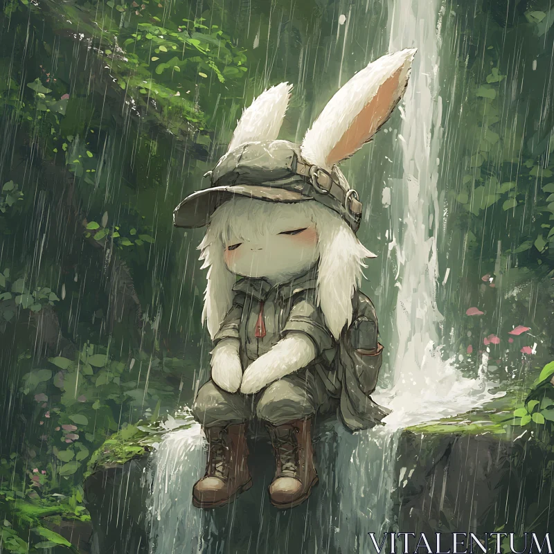 AI ART Anime Rabbit in Rainy Forest