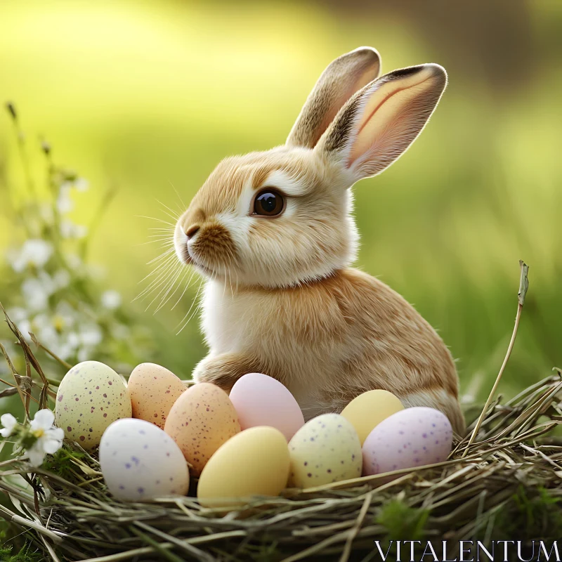 Whimsical Bunny Surrounded by Easter Eggs AI Image