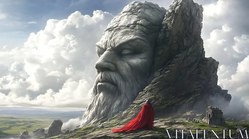 Colossal Stone Face and Red Cloak Figure AI Image