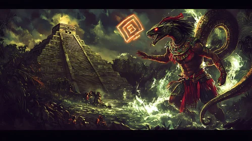 Serpent Deity Confrontation at Ancient Pyramid