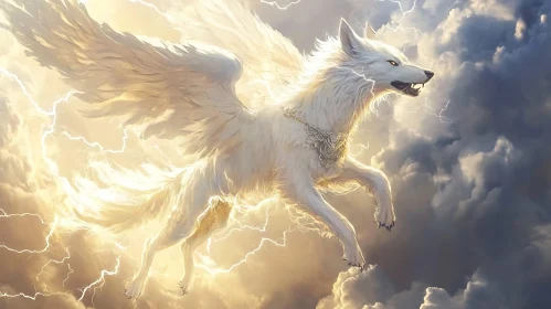 Fantasy Wolf with Wings in Thunderstorm