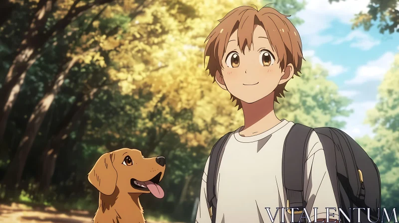 AI ART Cheerful Anime Boy and Dog in Nature