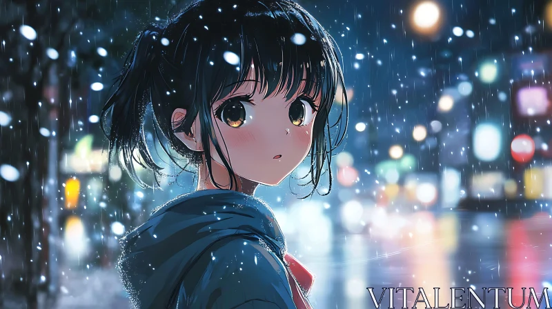 Thoughtful Anime Girl in Snow AI Image