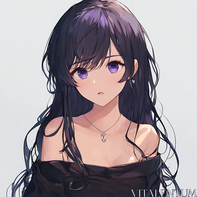 Anime Portrait of a Girl with Dark Hair and Purple Eyes AI Image