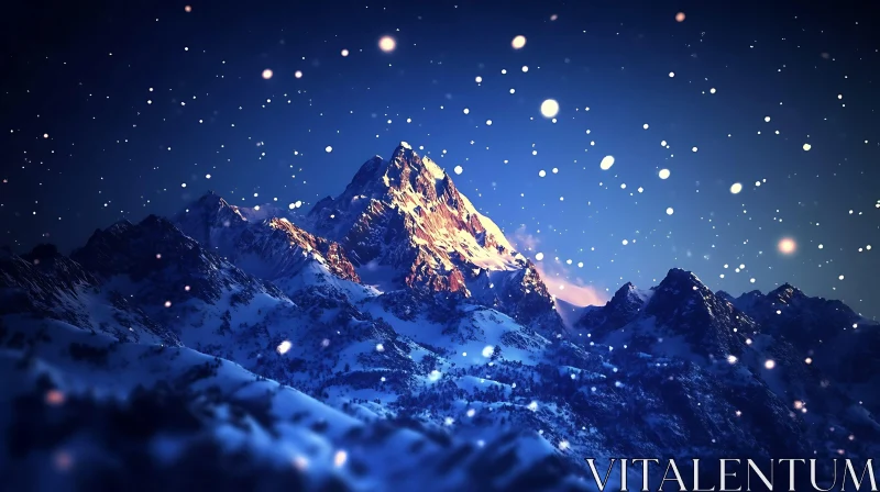 AI ART Winter Landscape with Snowfall on Mountains