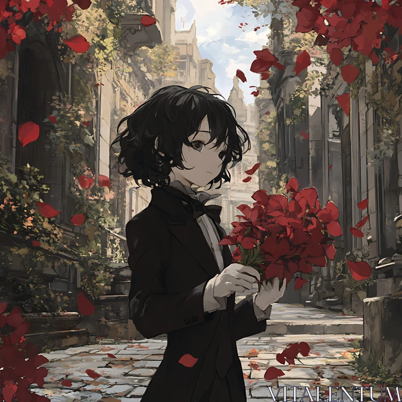 Deserted City Anime Scene with Boy and Red Flowers AI Image