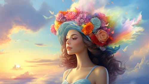 Colorful Flower Headband Girl Standing in the Sky - Realistic Hyper-Detailed Rendering