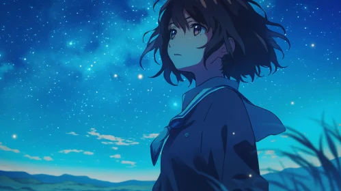 Anime Girl Gazing at Starry Night