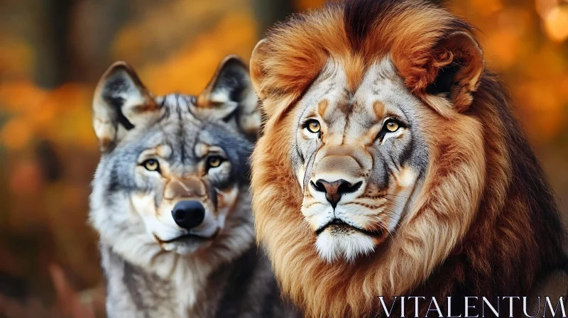 Wildlife Portrait: Lion and Wolf Together AI Image