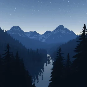 Peaceful Mountain River Starry Night Art