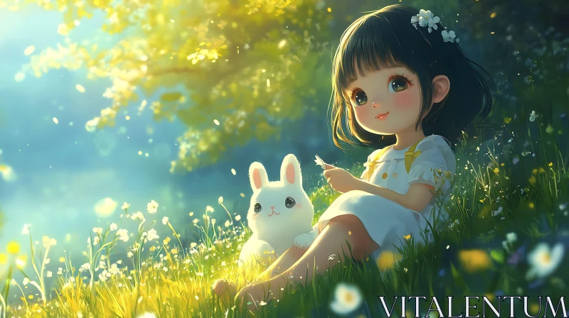 Anime Girl with Rabbit in Field AI Image