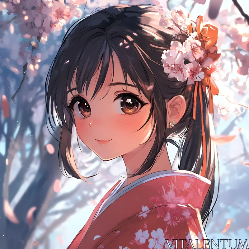 Anime Girl in Springtime Cherry Blossom Scene AI Image