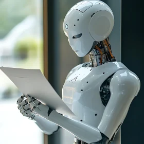 AI Robot Analyzing Data Sheet