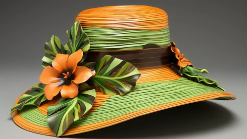 Exquisite Orange and Green Floral Hat - Digital Art