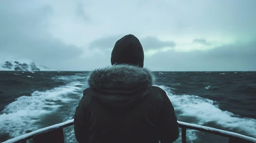 Hooded Figure on a Boat in Winter