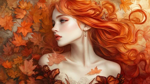 Autumn Leaves and Red-Haired Woman Portrait